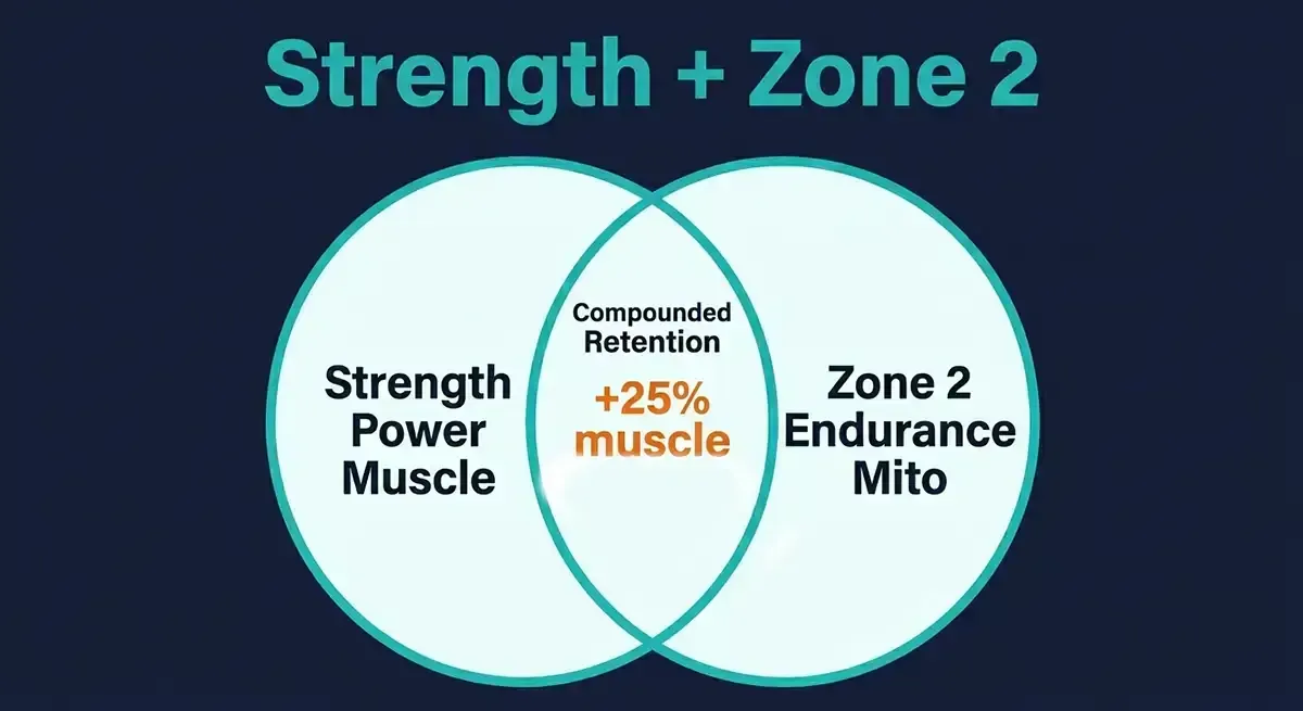 Diagram explaining benefits of strength training plus Zone 2 cardio