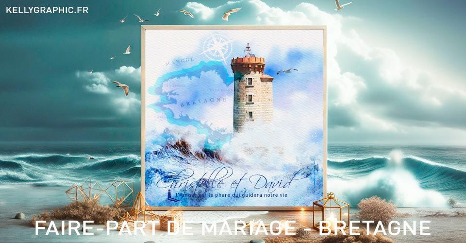 Faire-part mariage voyage, Bretagne Aquarelle Phares Faire-part Mariage Bretagne