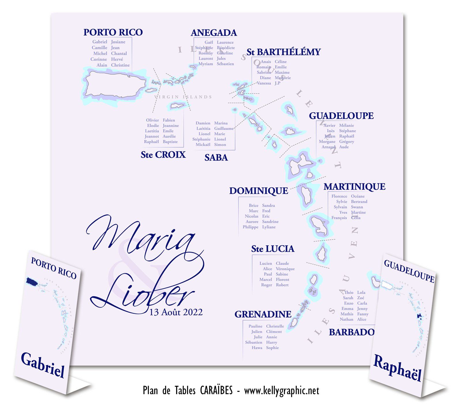 Plan de Table Mariage voyage, Caraïbes iles Plan de Table Mariage voyage, Caraïbes iles
