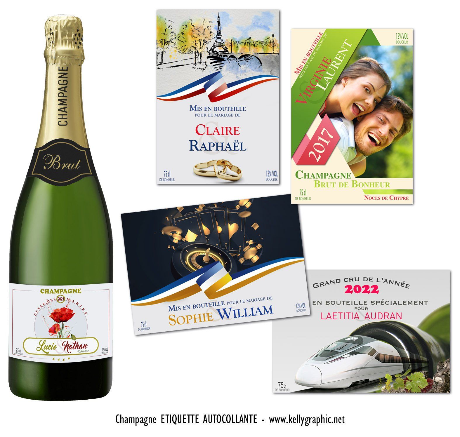 Etiquettes autocollantes mariage personnalisées champagne Etiquettes autocollantes personnalisées bouteilles mariage Champagne ou Vin