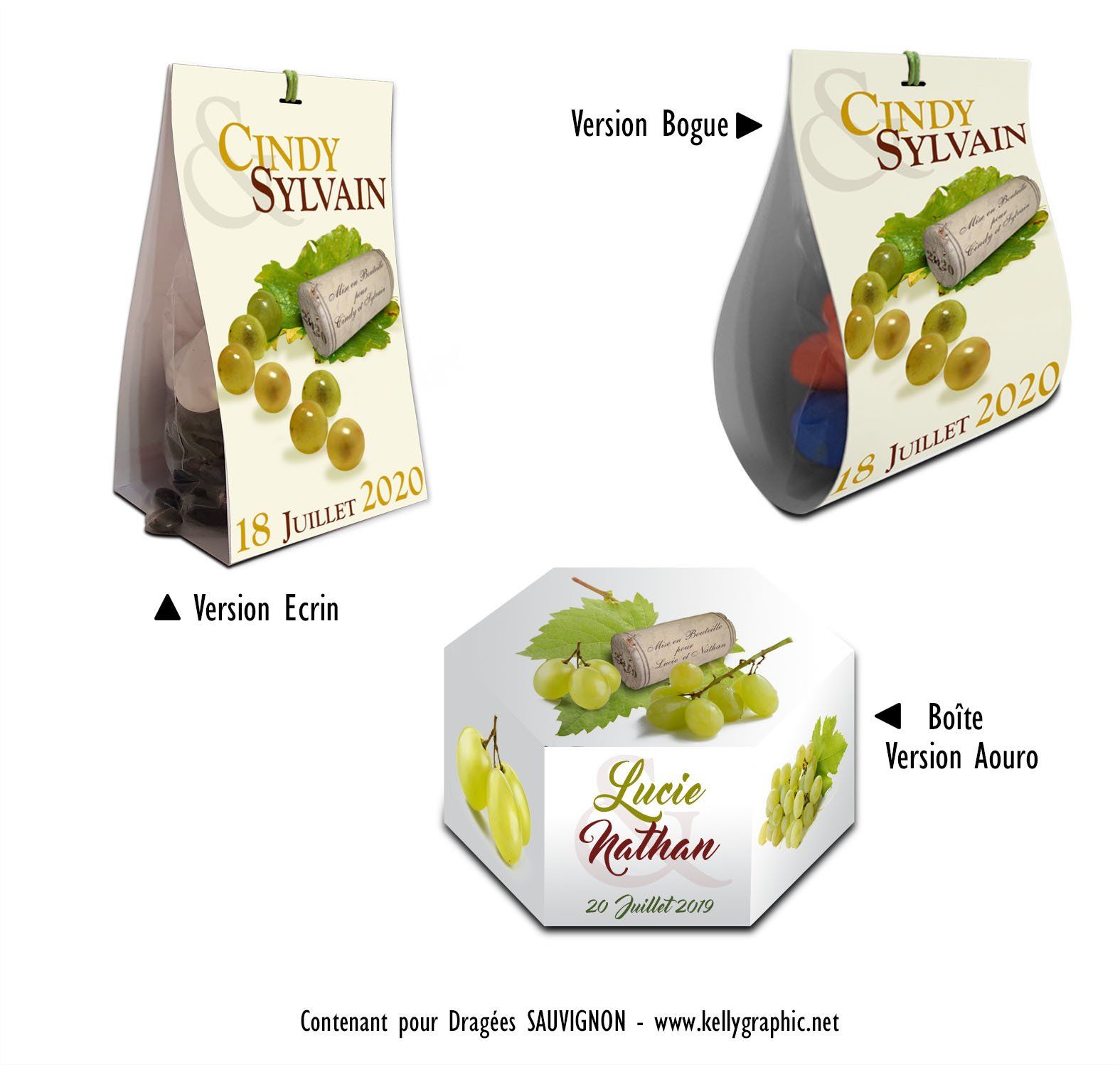 Sachet Boite dragées mariage thème vin vigne raisin