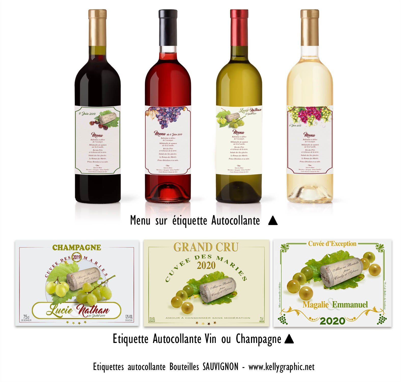Etiquettes personnalisées bouteilles vins mariage thème vin vigne raisin