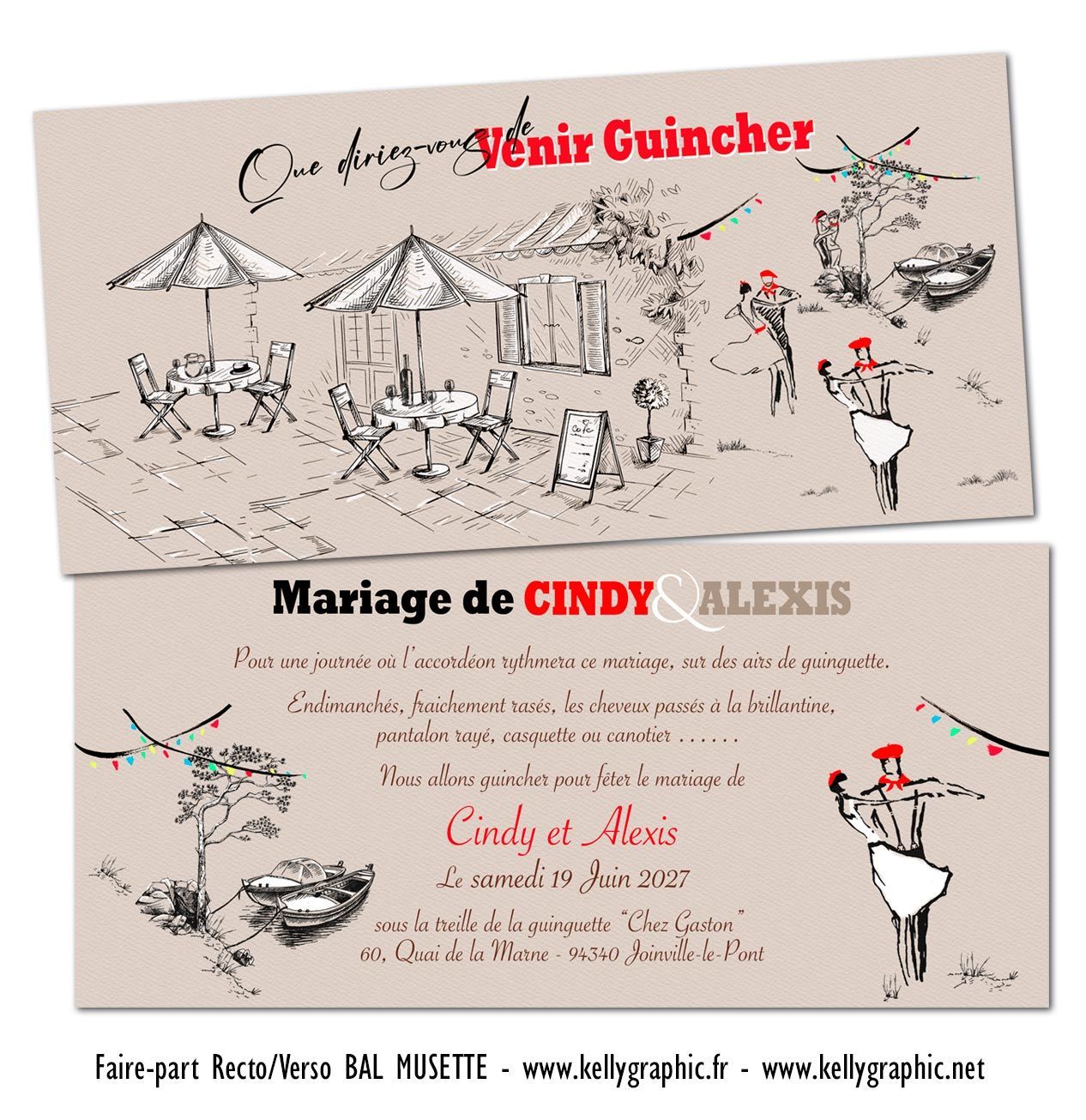 Faire-part mariage, Thème vintage Bal Musette Faire-part mariage, Thème vintage Bal Musette