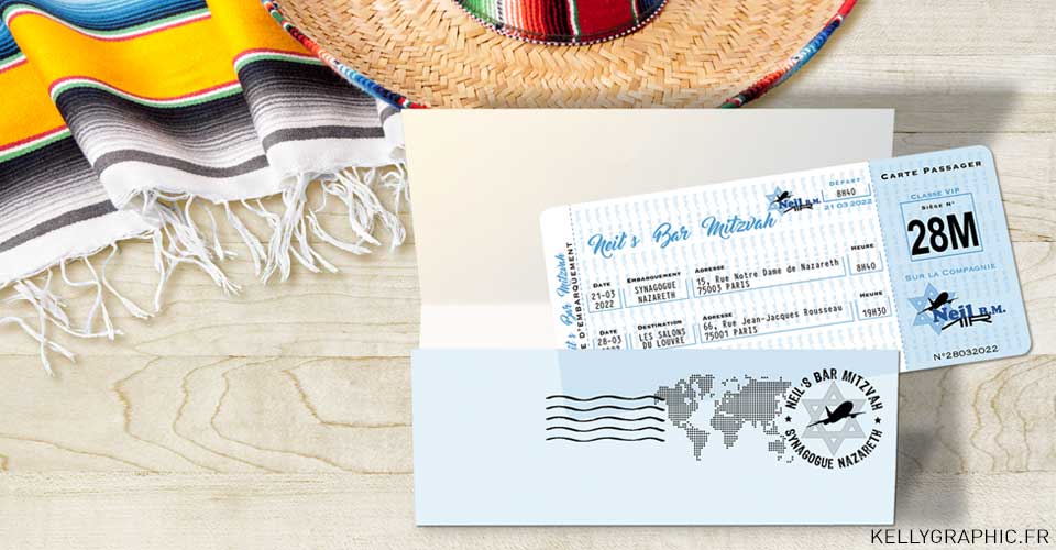 Invitation billet avion Bar Bat Mitzvah Faire-part religieux invitation Instagram Bar Mitzvah ou Bat Mitzvah Voyage billet