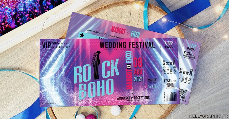 Faire-part mariage, musique, festival, concert, rock boho Faire-part mariage, musique, festival, concert, rock boho