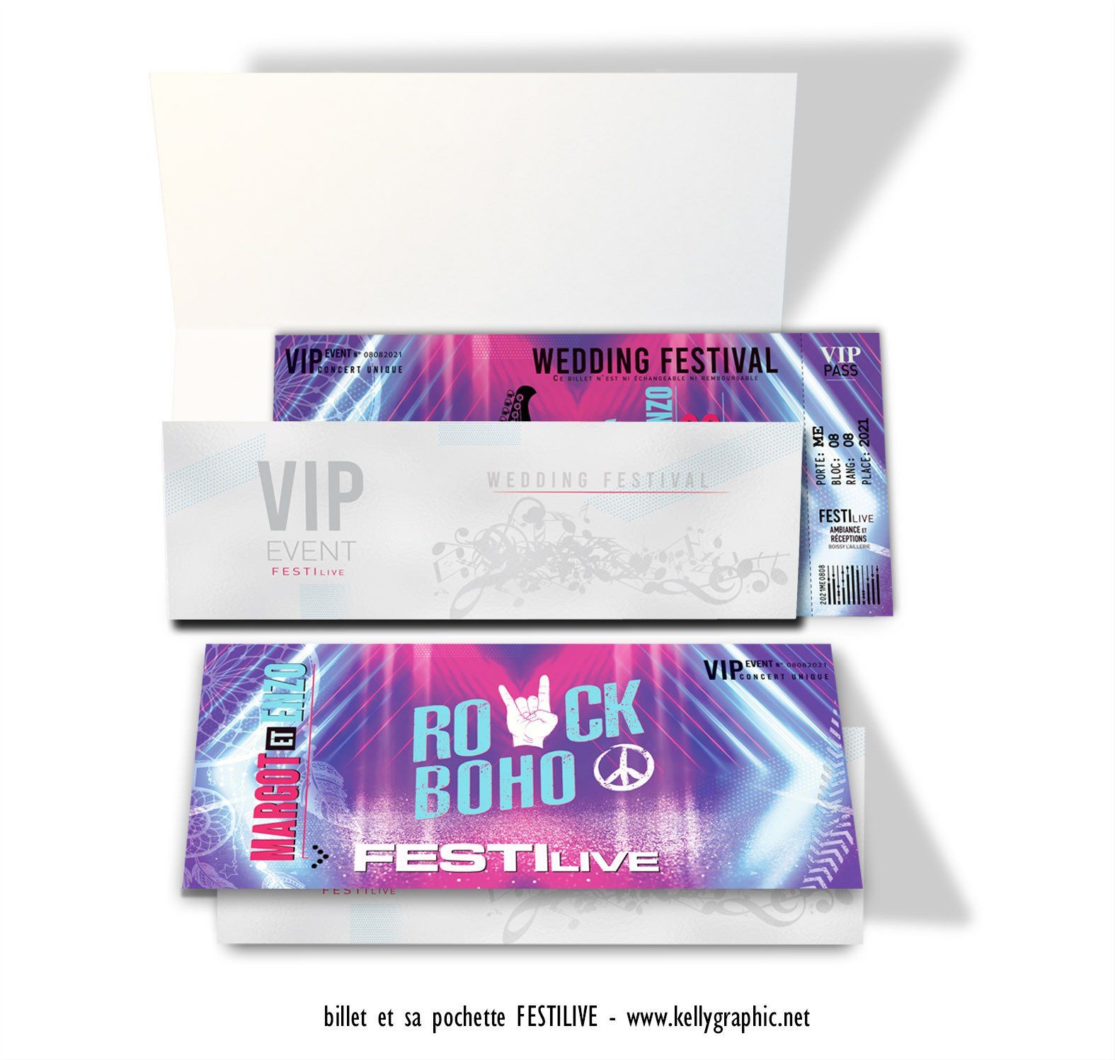 Pochette invitation Mariage Rock Boho Billets Mariage Concert Rock Boho festival et sa pochette