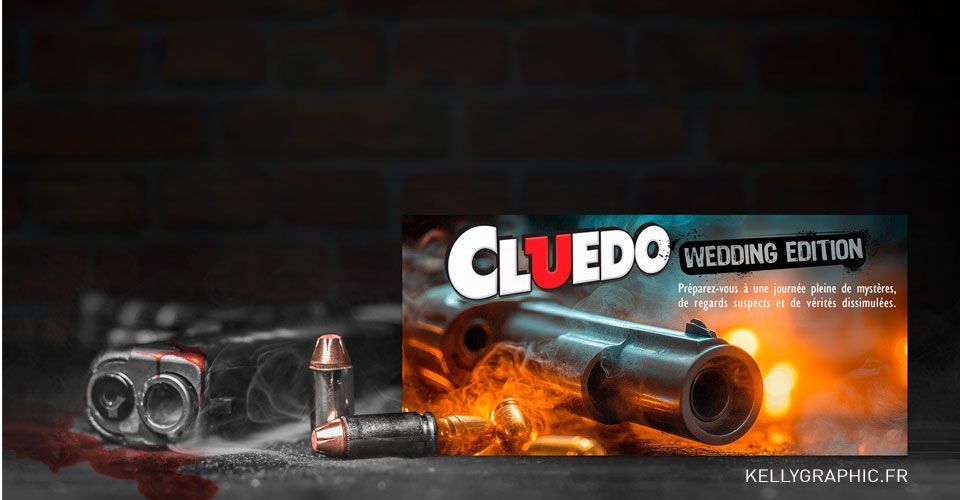 Faire-part mariage Cluedo Murder Party horizontal avec illustrations personnalisées Faire-part mariage Cluedo Murder Party