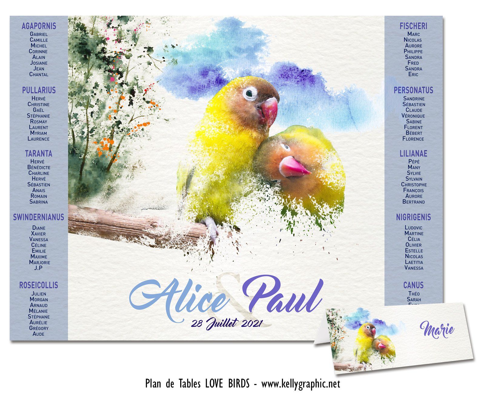 Plan de Table Mariage Oiseaux inséparables Plan de Table Mariage Oiseaux inséparables