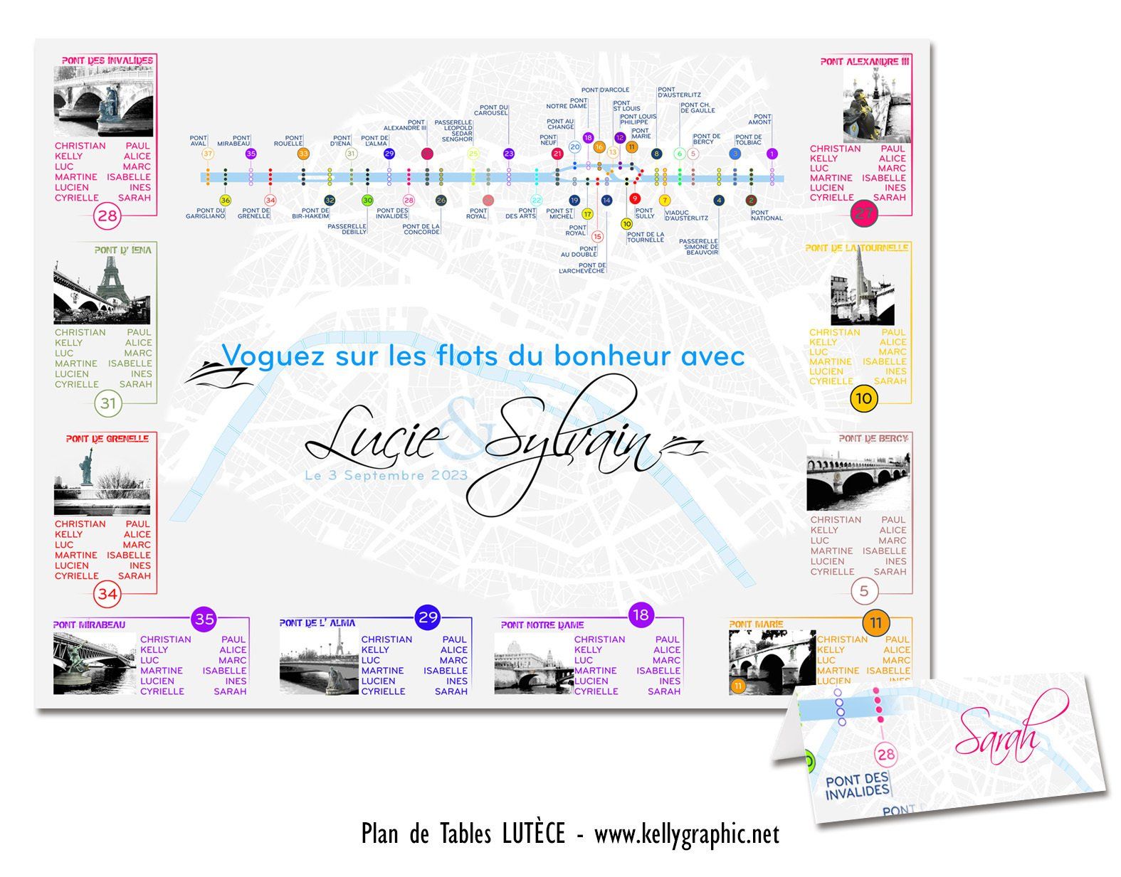 Plan de Table Mariage, France, ponts de Paris Plan de Table Mariage, France, ponts de Paris
