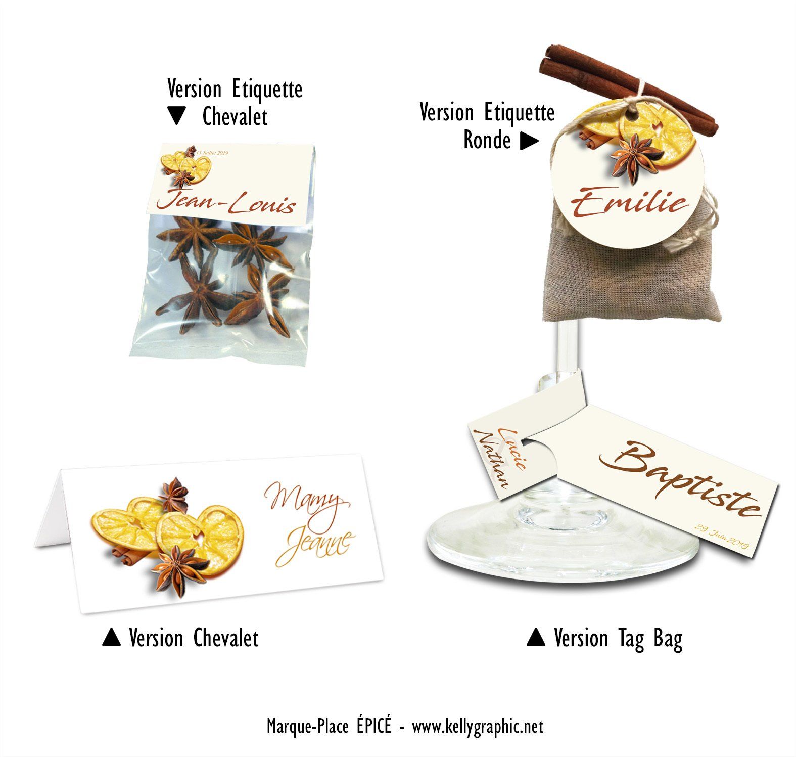 Porte noms Mariage thème épices Marques places épices Orange Cannelle
