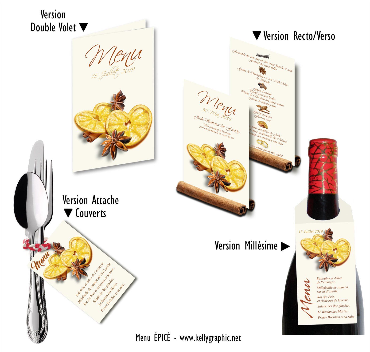 Menus Mariage thème épices Menus Mariage thème épices orange cannelle