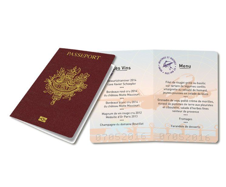 passeport, menus personnalise invités mariage