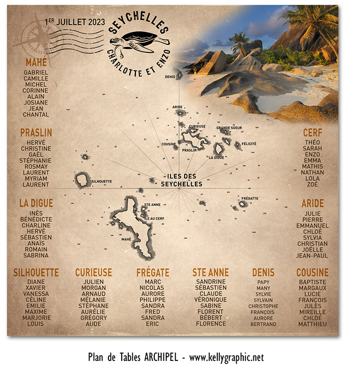 plan de table mariage Seychelles carte géographique archipel Océan Indien îles voyage original personnalisé plan de table mariage Seychelles carte géographique archipel Océan Indien îles voyage original personnalisé