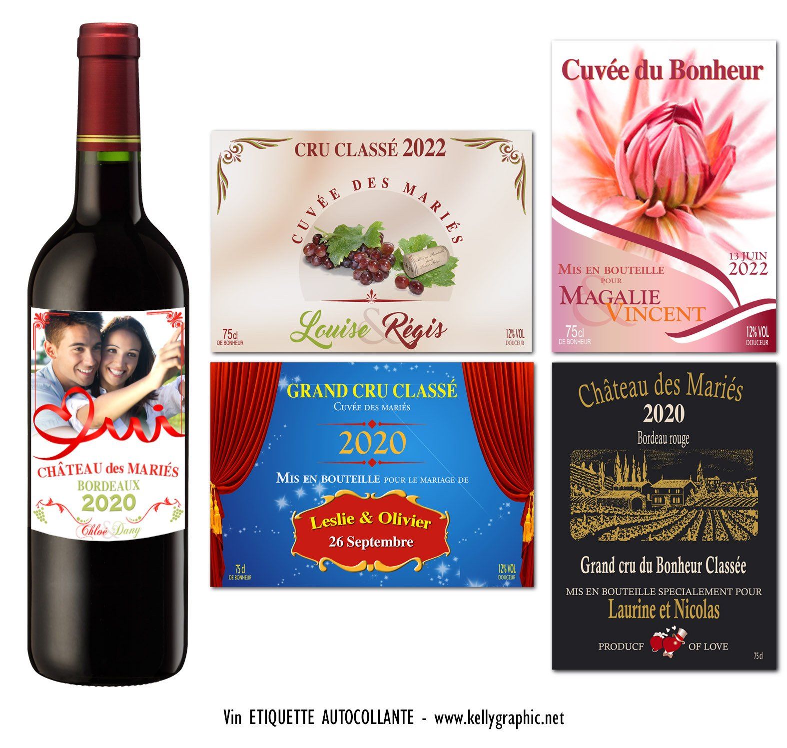 Etiquettes autocollantes mariage personnalisées vin Etiquettes autocollantes personnalisées bouteilles mariage Champagne ou Vin