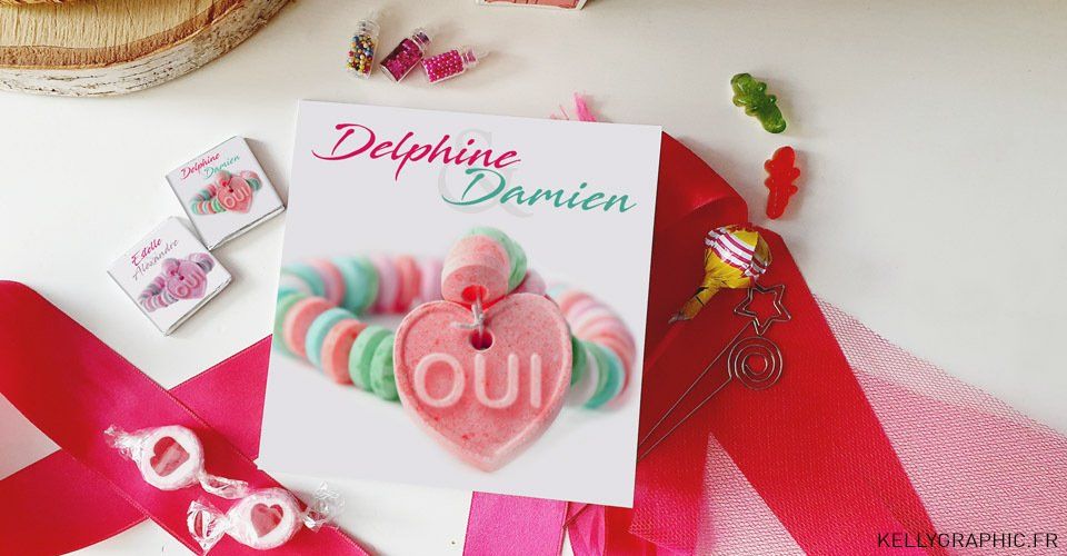 Faire-part mariage coeur bonbon candy collier Faire-part mariage coeur bonbon candy collier