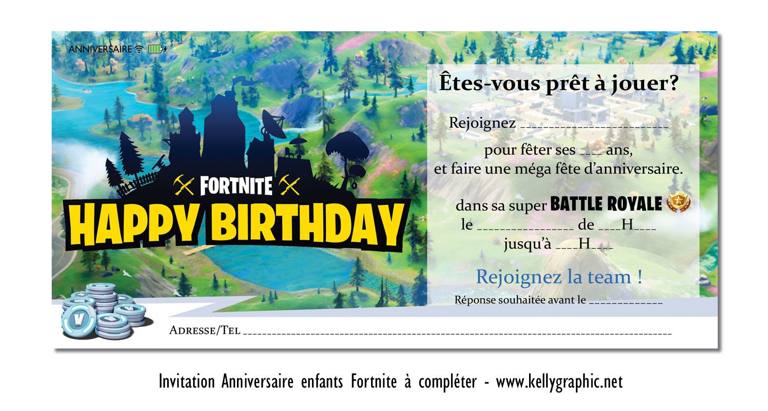 marques tables personnalisés mariage kellygraphic Invitation, carte cartons anniversaire Ado Adultes Enfants Fornite