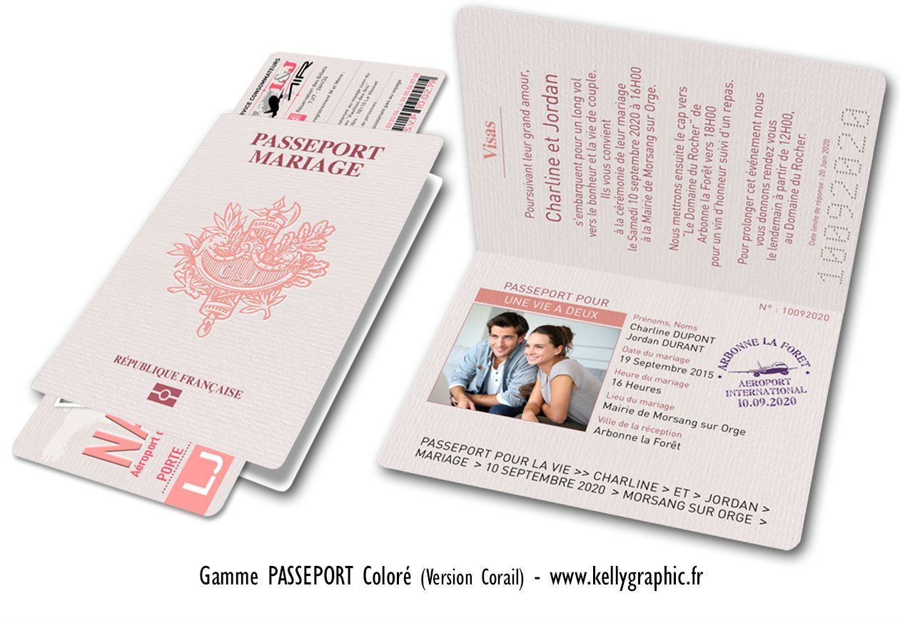 Faire-part mariage, Passeport Corail Faire-part mariage, Passeport Corail