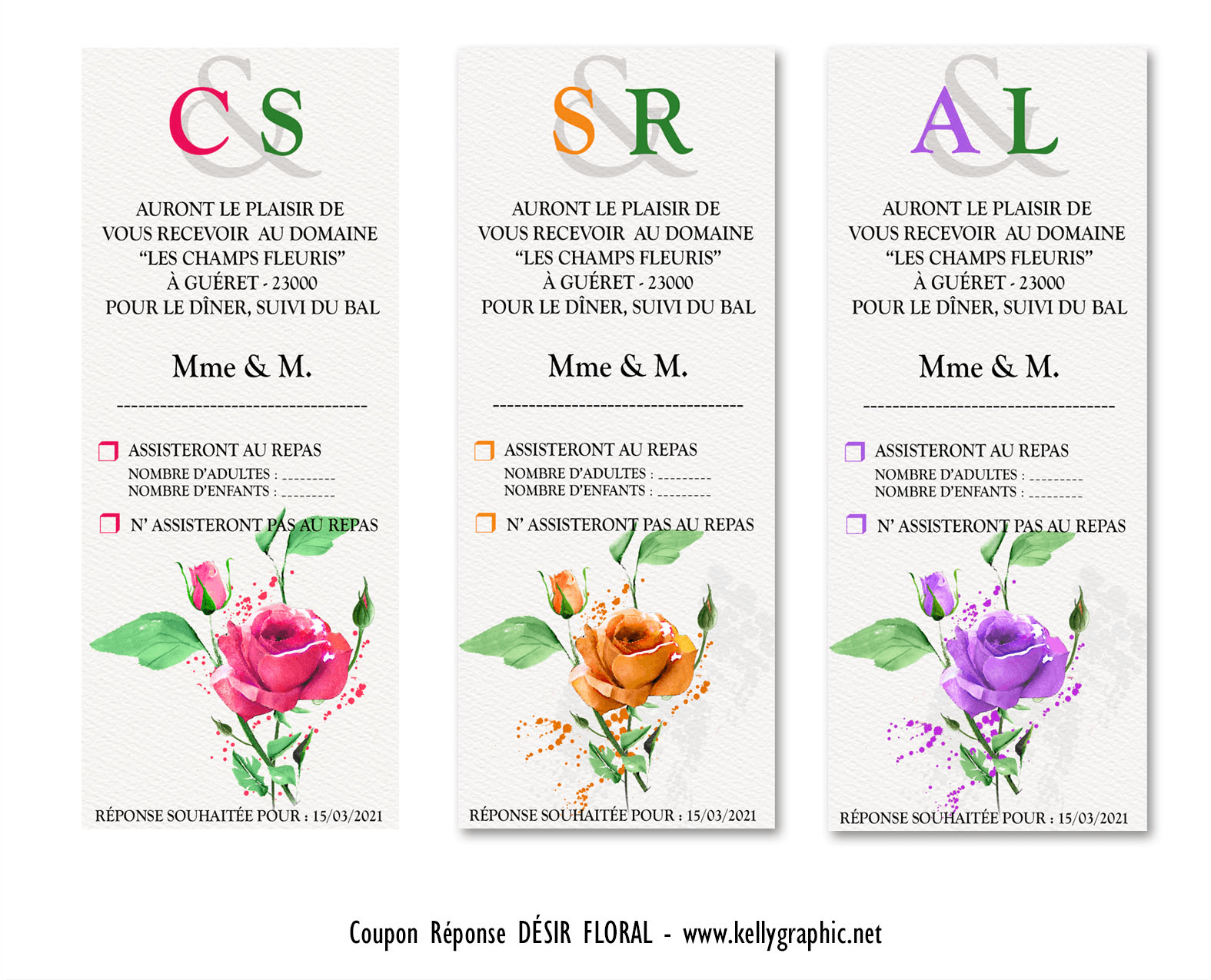 Coupon réponse mariage fleurs : Rose Aquarelle Coupon réponse mariage fleurs : Rose Aquarelle