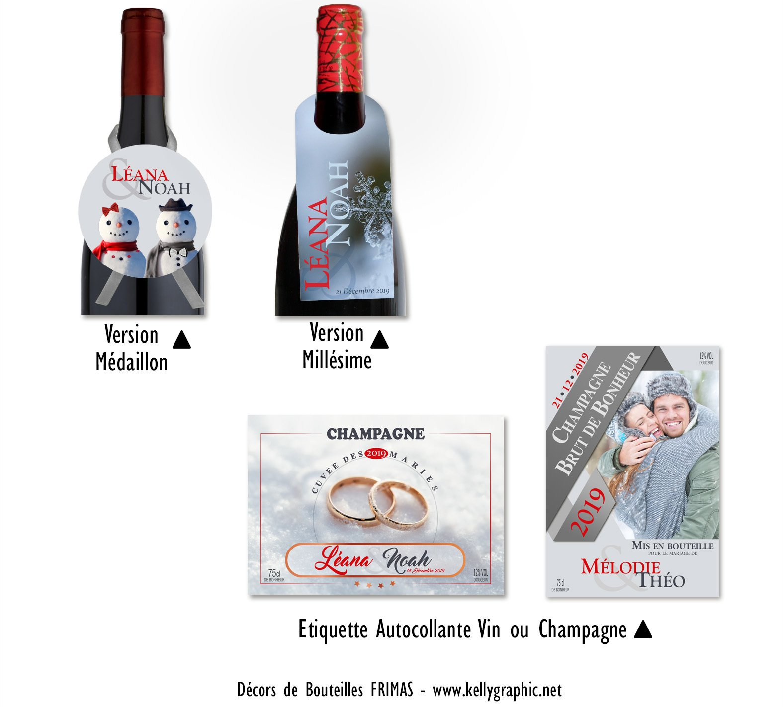 Décor bouteille Mariage Hiver flocon Etiquettes autocollantes bouteilles Mariage