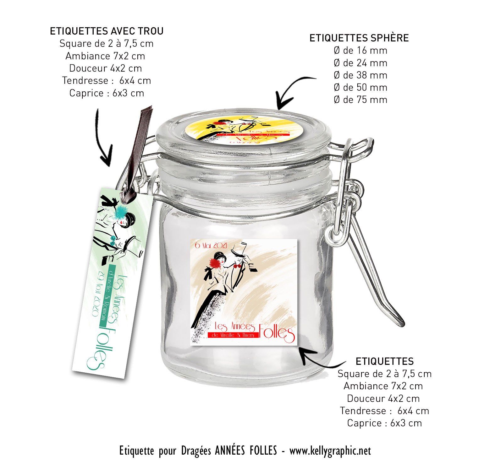 Etiquettes dragées Mariage personnalisées Etiquettes dragées personnalisées mariage vintage, rétro, années folles