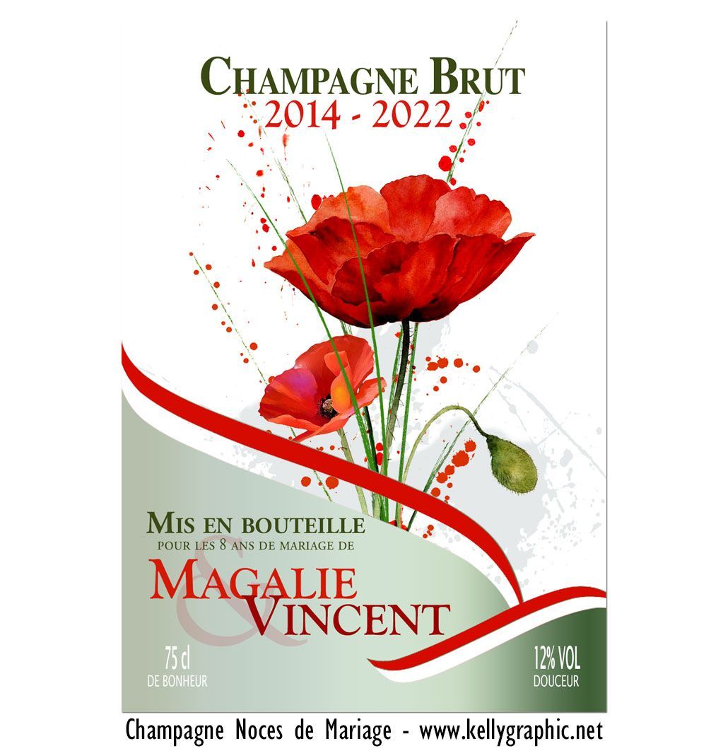 Etiquettes bouteille noces coquelicot Etiquettes autocollantes personnalisées bouteilles mariage noces Champagne ou Vin