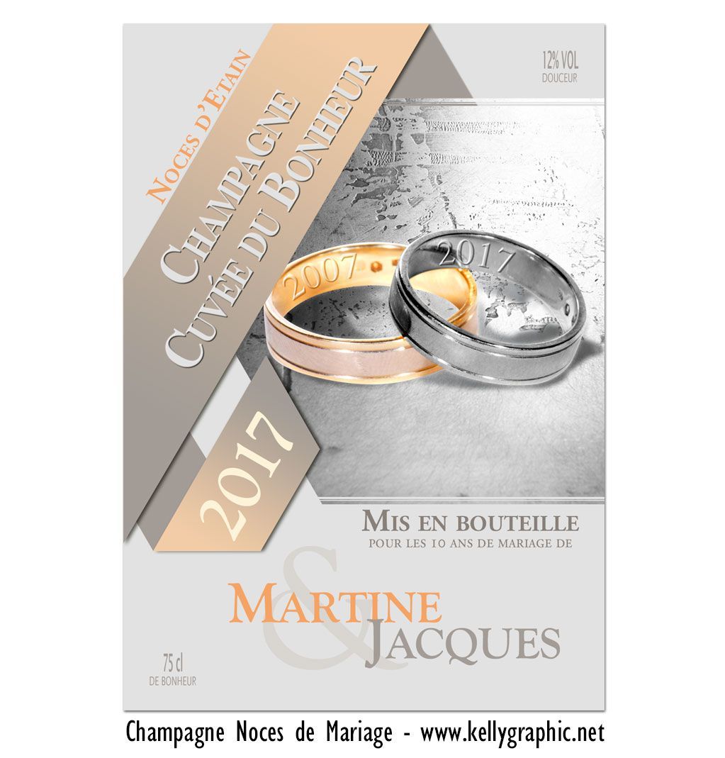 Etiquettes bouteille noces d'étain Etiquettes autocollantes personnalisées bouteilles Champagne ou Vin noces d'étain