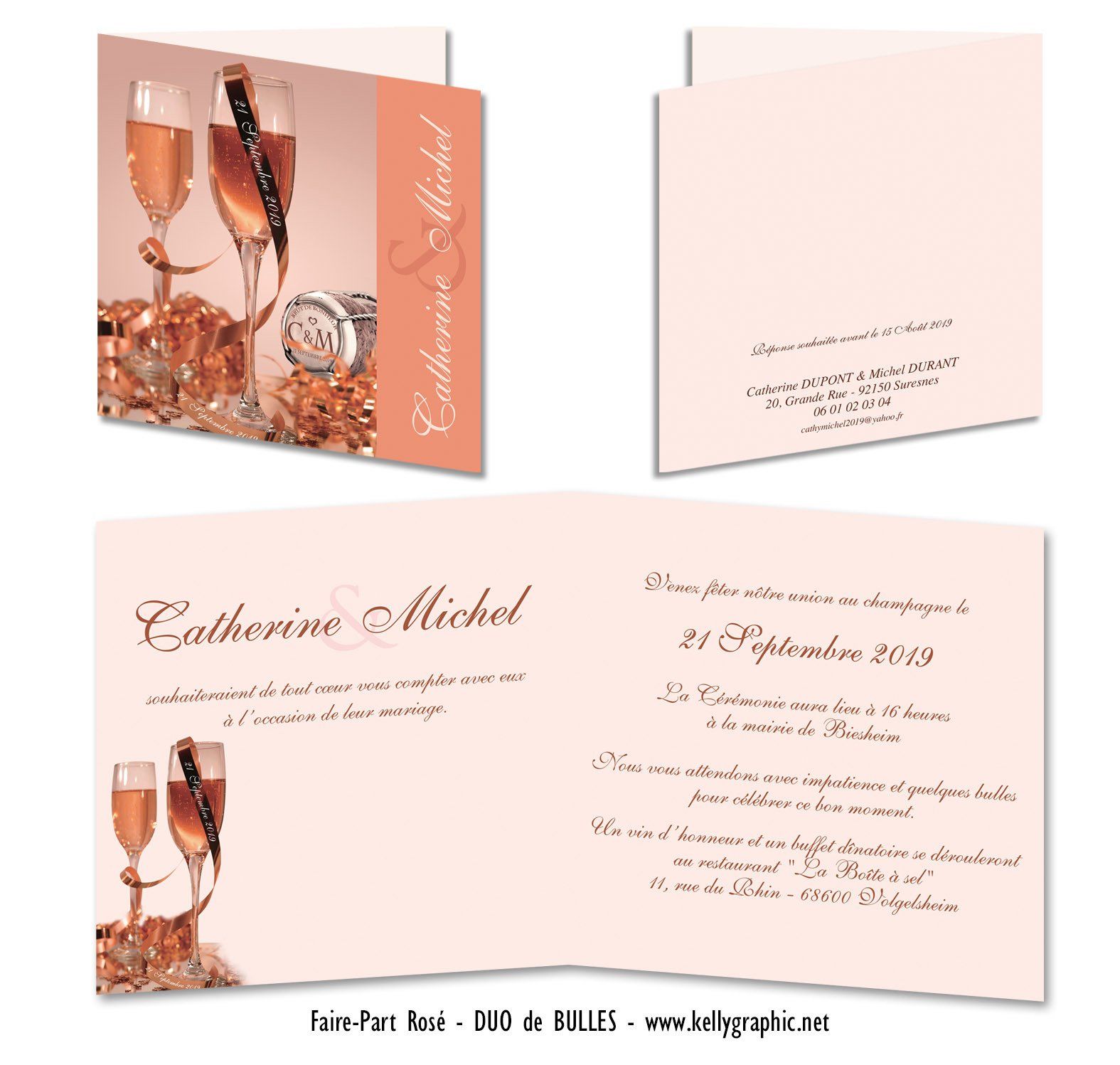 Faire-part mariage Champagne rosé Faire-part mariage bulle de champagne rosé