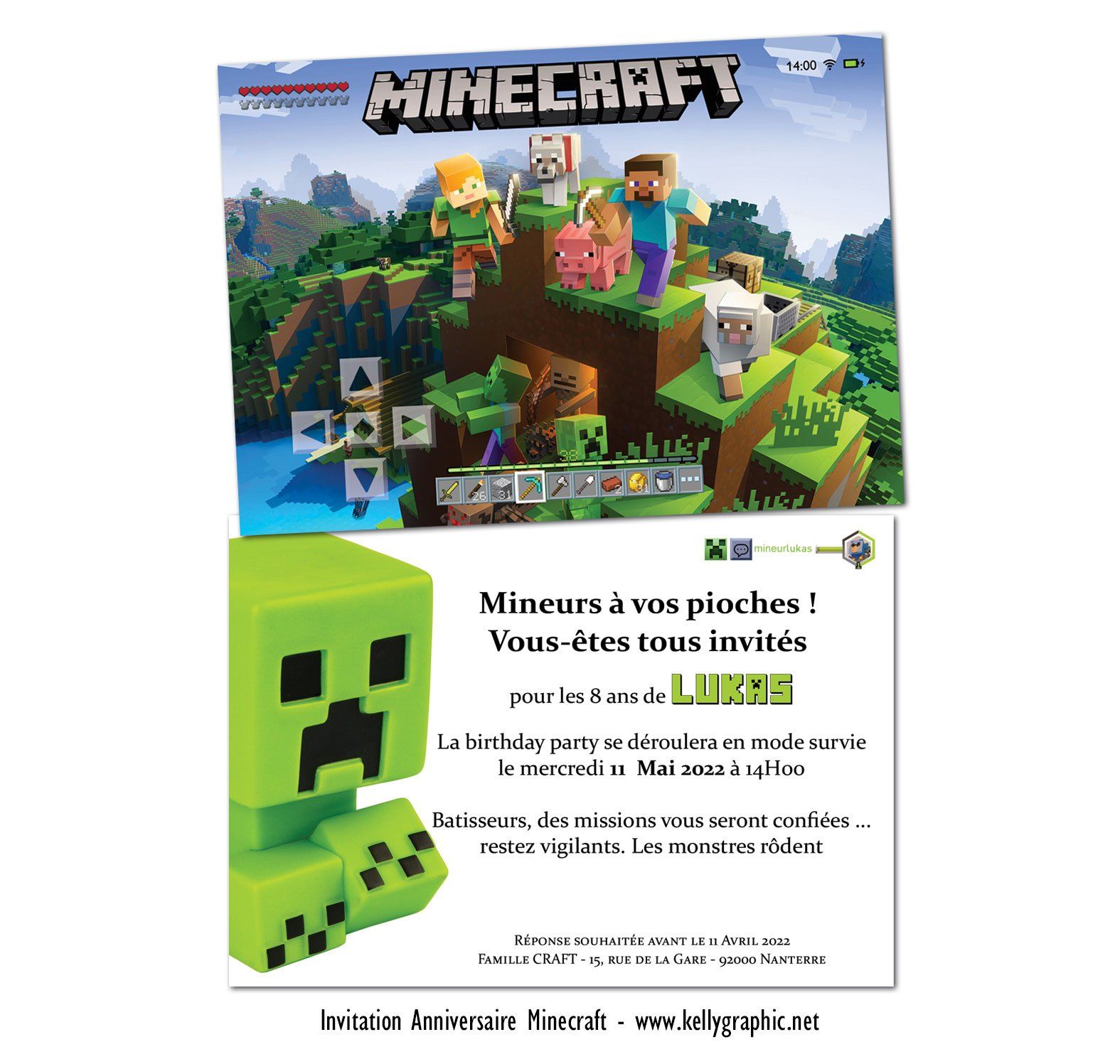 carte anniversaire Minecraft Invitation, carte cartons anniversaire Ado Adultes Enfants Minecraft