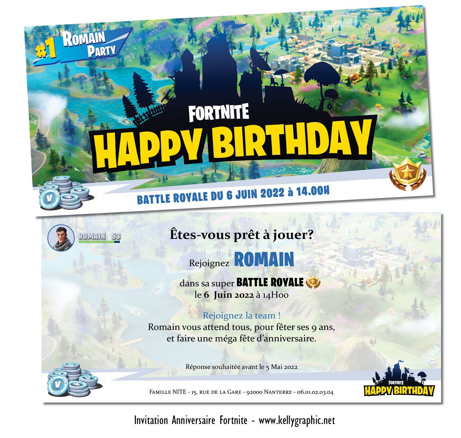 carte anniversaire Fortnite Invitation, carte cartons anniversaire Ado Adultes Enfants Fortnite