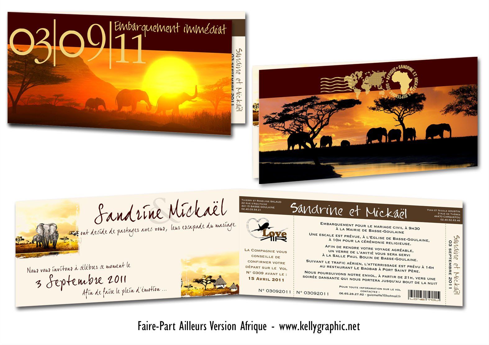faire-part mariage, billet avion Savane éléphants faire-part mariage, billet avion Savane éléphants