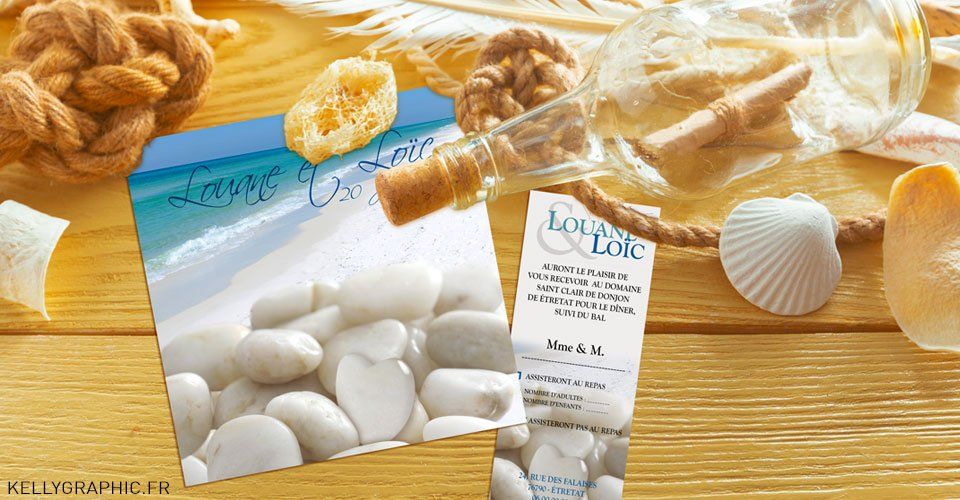 Faire-part mariage coeur galet plage sable Faire-part mariage coeur galet plage sable