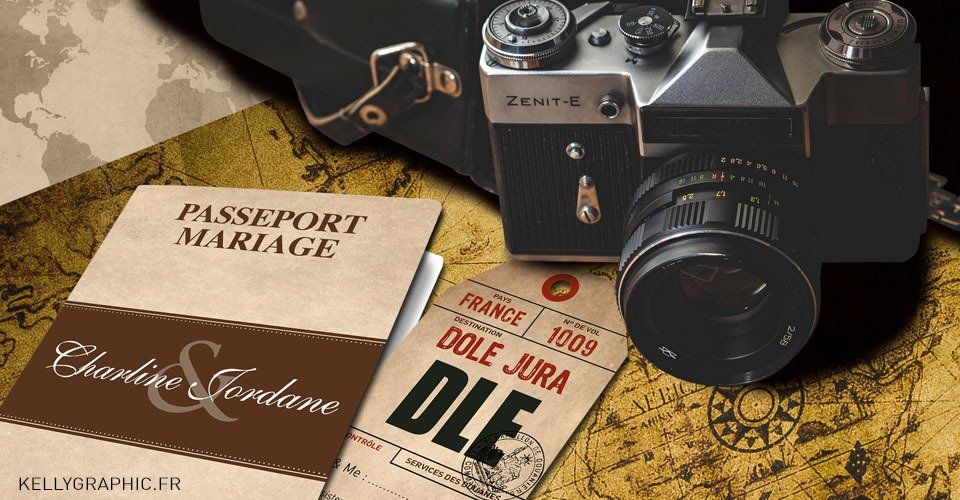 Faire-part Mariage Voyage Passeport Rétro vintage