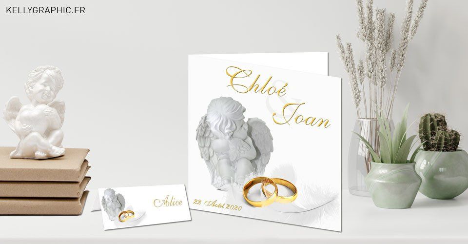 Faire-part mariage, enchanteur, ange, angelot, plume Faire-part mariage, enchanteur, ange, angelot, plume