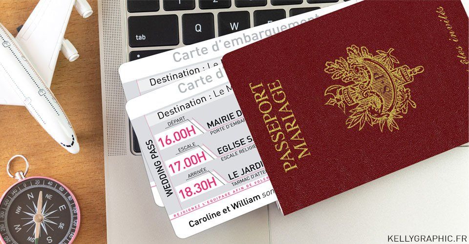 passeport, carte embarquement, billet avion, faire-part mariage, voyage, billet, carte embarquement, original, pas cher