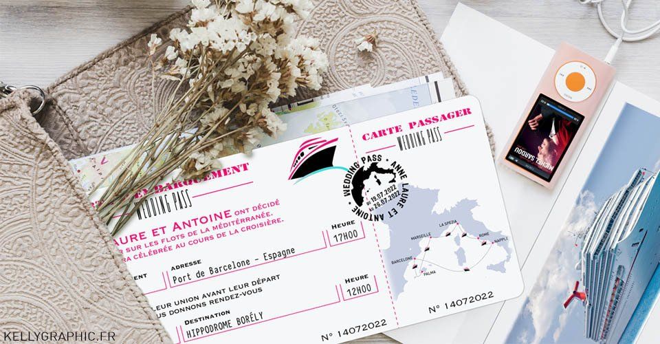 Billet et Pochette de Mariage Croisière Bateau Faire-part Mariage billet bateau croisière, carte embarquement