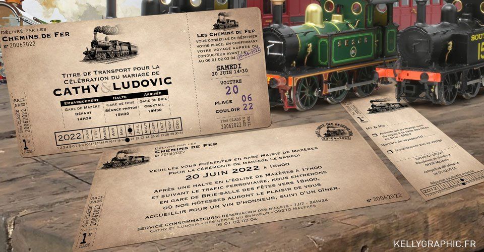 Billet et Pochette de Mariage Train Vapeur voyage en train, billet train rétro, vintage, carte embarquement, billet chemin de fer, faire-part mariage, voyage, billet