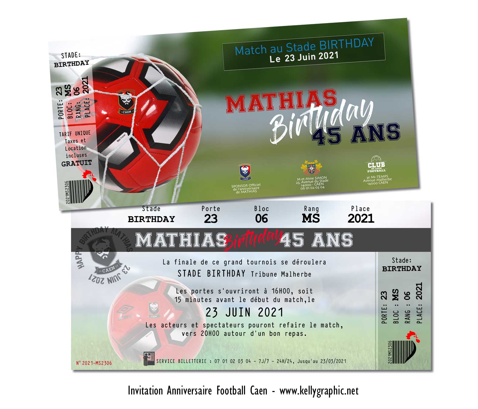 Carte anniversaire foot Caen Invitation, carte cartons anniversaire Ado Adultes Enfants foot Caen