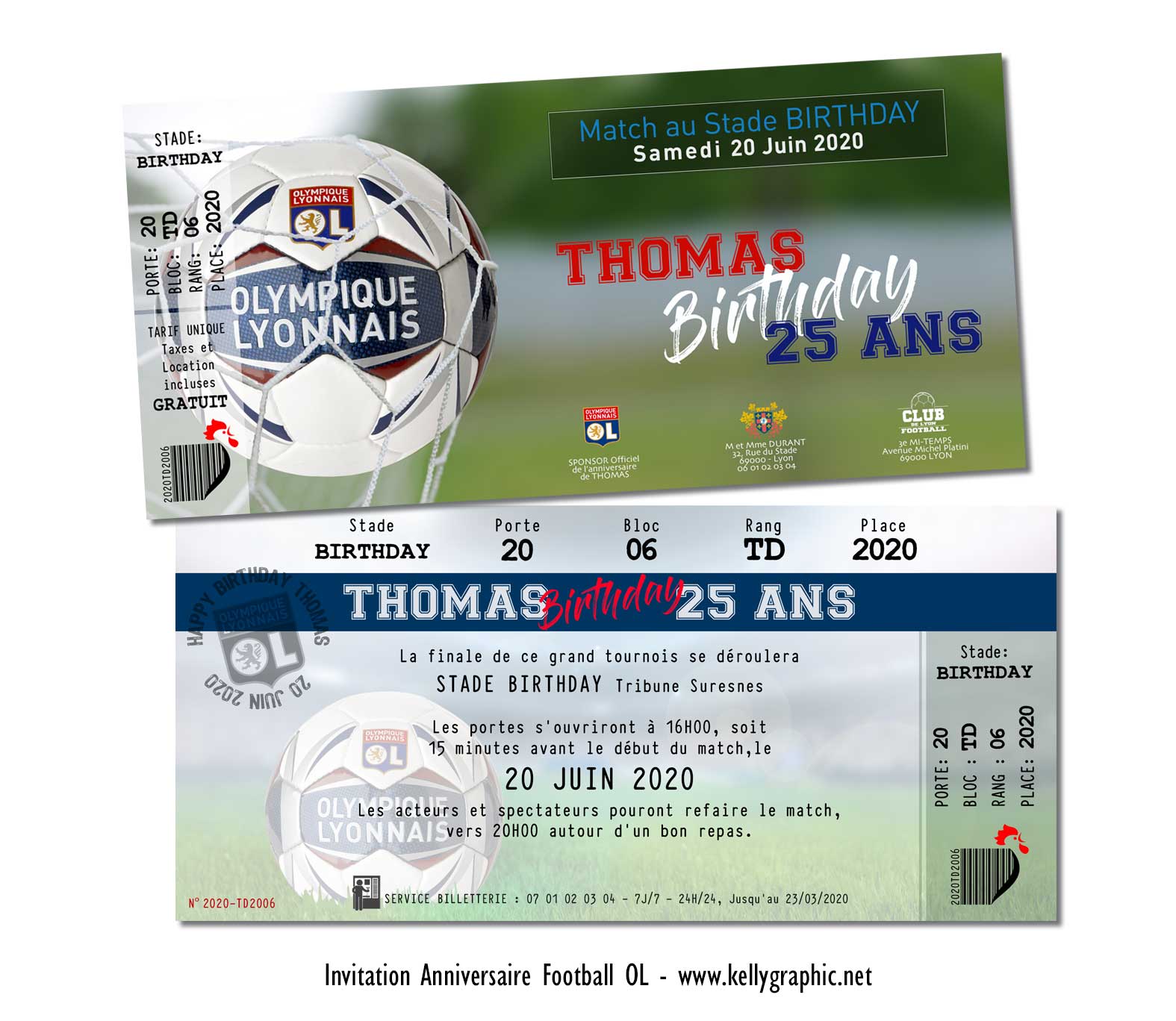 Carte anniversaire foot OL Invitation, carte cartons anniversaire Ado Adultes Enfants foot OL