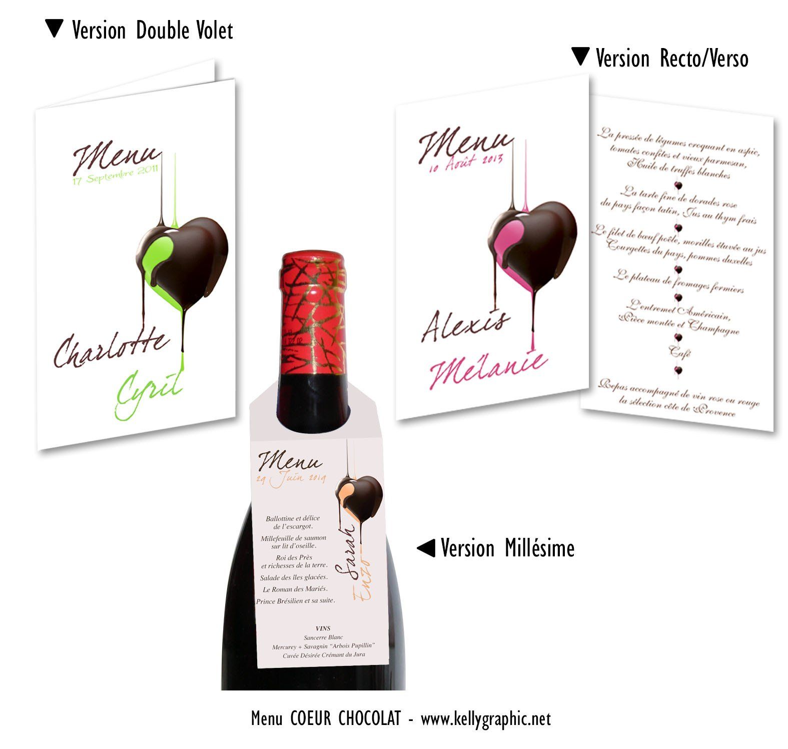 Menus Mariage Coeur chocolat Menus Mariage personnalisés coeur chocolat - Décors pour bouteilles de vin