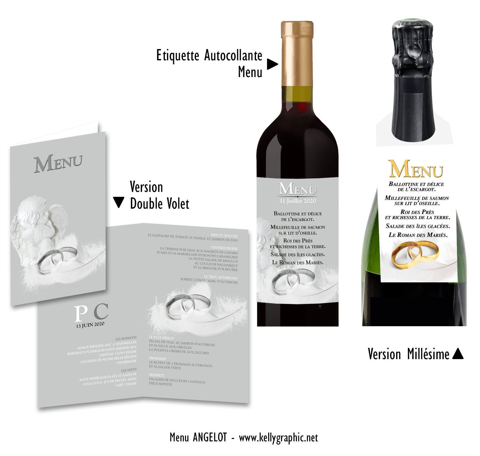 Menus mariage Ange plumes Menus mariage personnalisé Ange plumes - Décors bouteilles vin