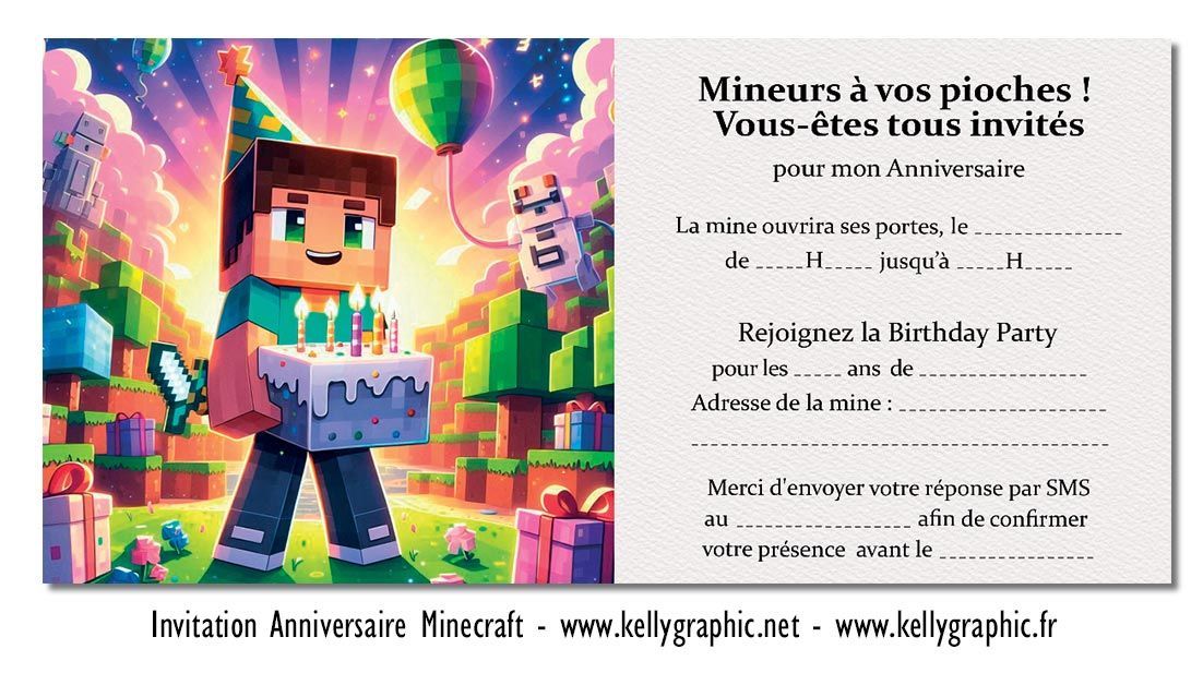Carton invitation anniversaire Minecraft Carte anniversaire Minecraft