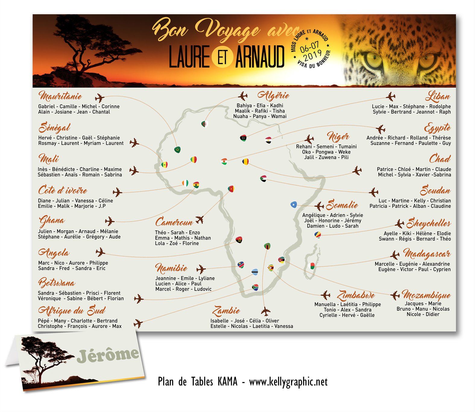 plan de table mariage voyage Safari Afrique