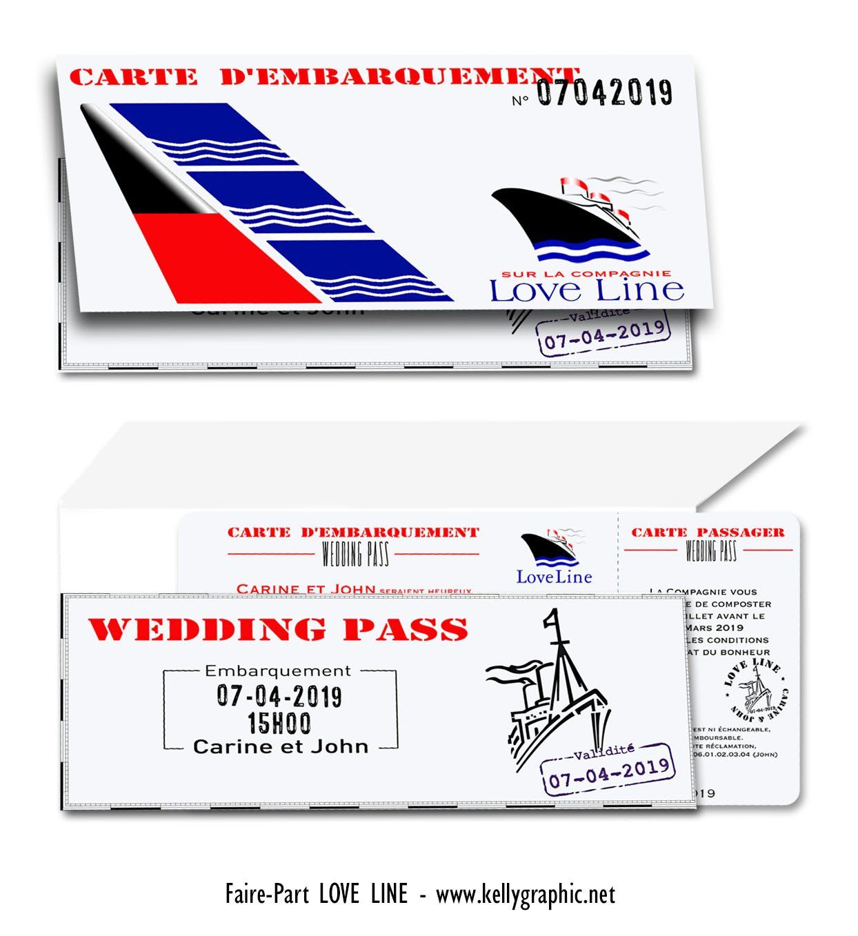 faire-part mariage billet bateau croisière Faire-part mariage billet bateau croisière et sa pochette