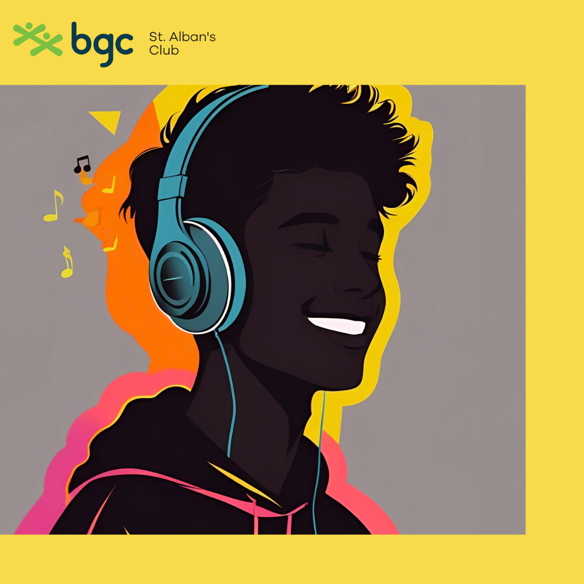 A smiling youth wearing headphones in a colourful silhouette.