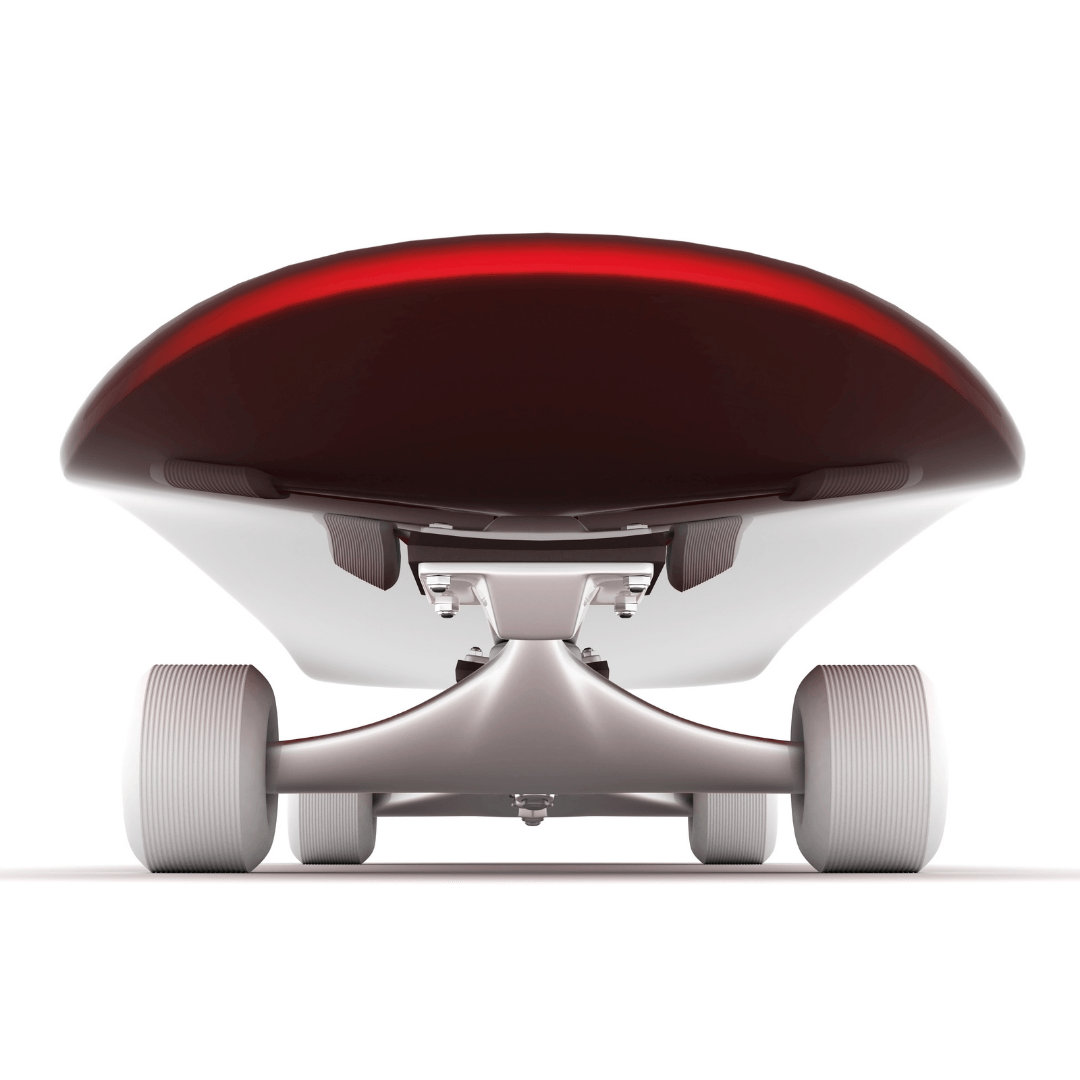 A red skateboard seen head-on.