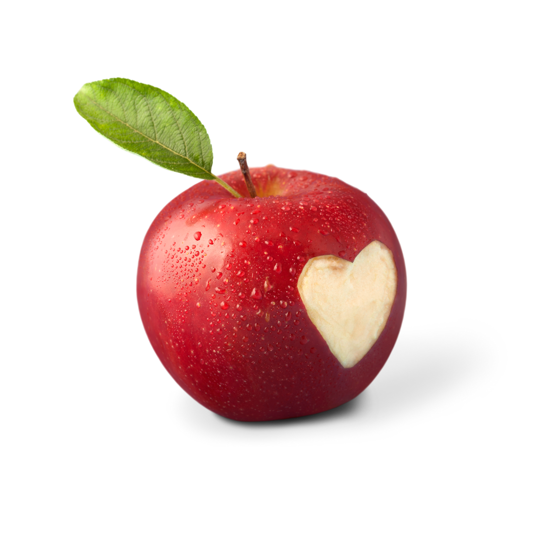 An apple with a heart-shaped bite taken out of it.