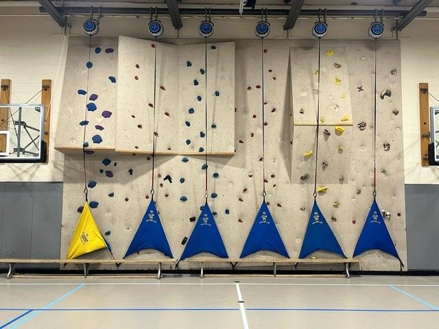The climbing wall of the gym.