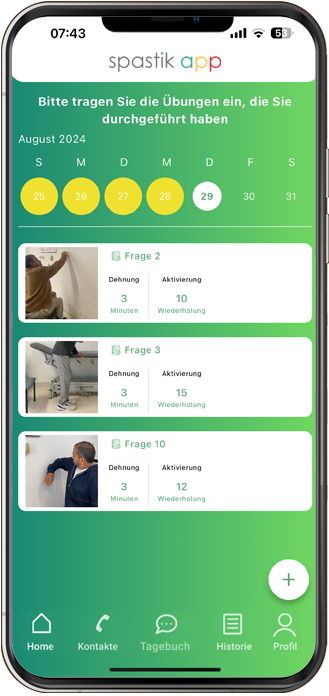 Nach dem Durchführen der Übungen können Sie Ihre Fortschritte jetzt direkt in der Spastik-App unter dem Button „Tagebuch“ dokumentieren. So erhalten Sie ein weiteres wertvolles Tool für Ihr Patient Empowerment. Tagebuch