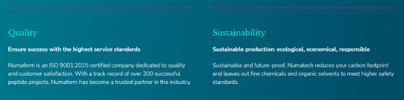 Quality Ensure success with the highest service standards Numaferm is an ISO 9001:2015 certified company dedicated to quality and customer satisfaction. With a track record of over 200 successful projects, Numaferm has become a trusted partner in the industry. Sustainability Sustainable production: ecological, economical, responsible Sustainable and future-proof, NumaswitchTM reduces your carbon footprint and leaves out fine chemicals and organic solvents to meet higher safety standards.
