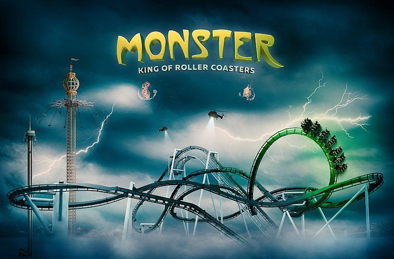 Gröna Lund Monster der König der Achterbahnen. Das Monster ist in Gröna Lund erwacht und wartet auf die Menschen
